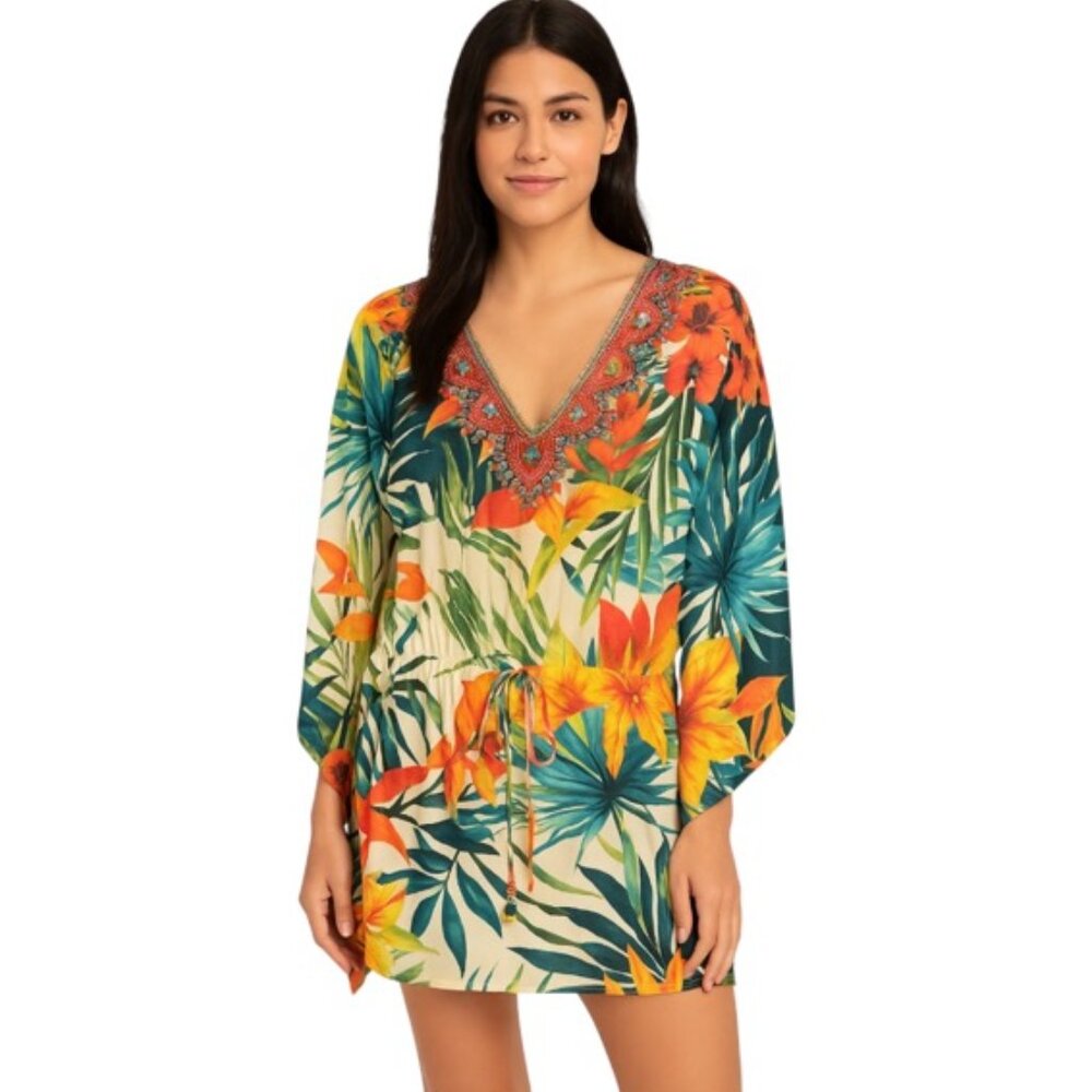 Nicole Miller Medium/Large Multi-Color Beaded Boho Tie Swim Coverup